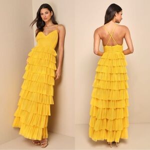 NWOT Lulus Radiant Event Yellow Mesh Tiered Ruffled Backless Maxi Dress